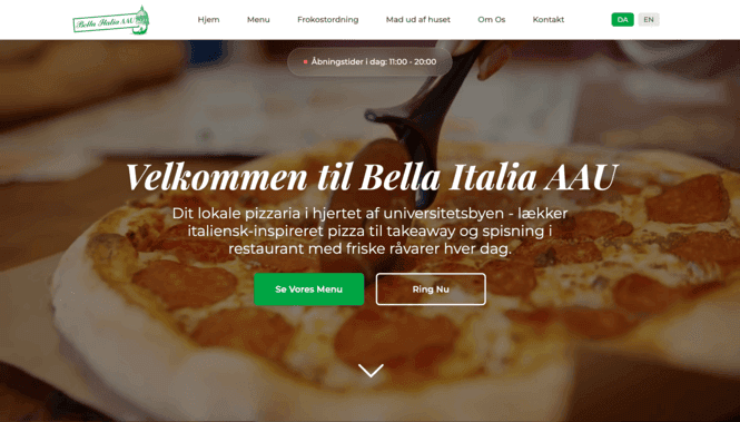 Bella Italia AAU mockup med restaurantwebsite, pizzaillustration og CTA-knapper.