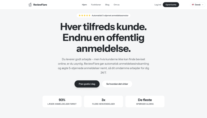 ReviewFlare dashboard mockup med automatiske review flows og integrationskort.